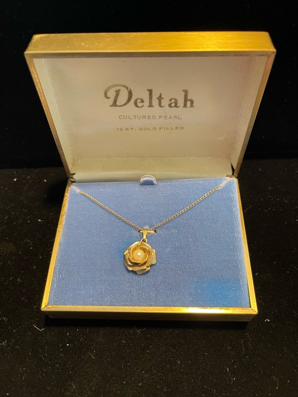 Vintage Deltah 12kt Gold Filled Rose Cultured Pearl Pendant Necklace Orig Box